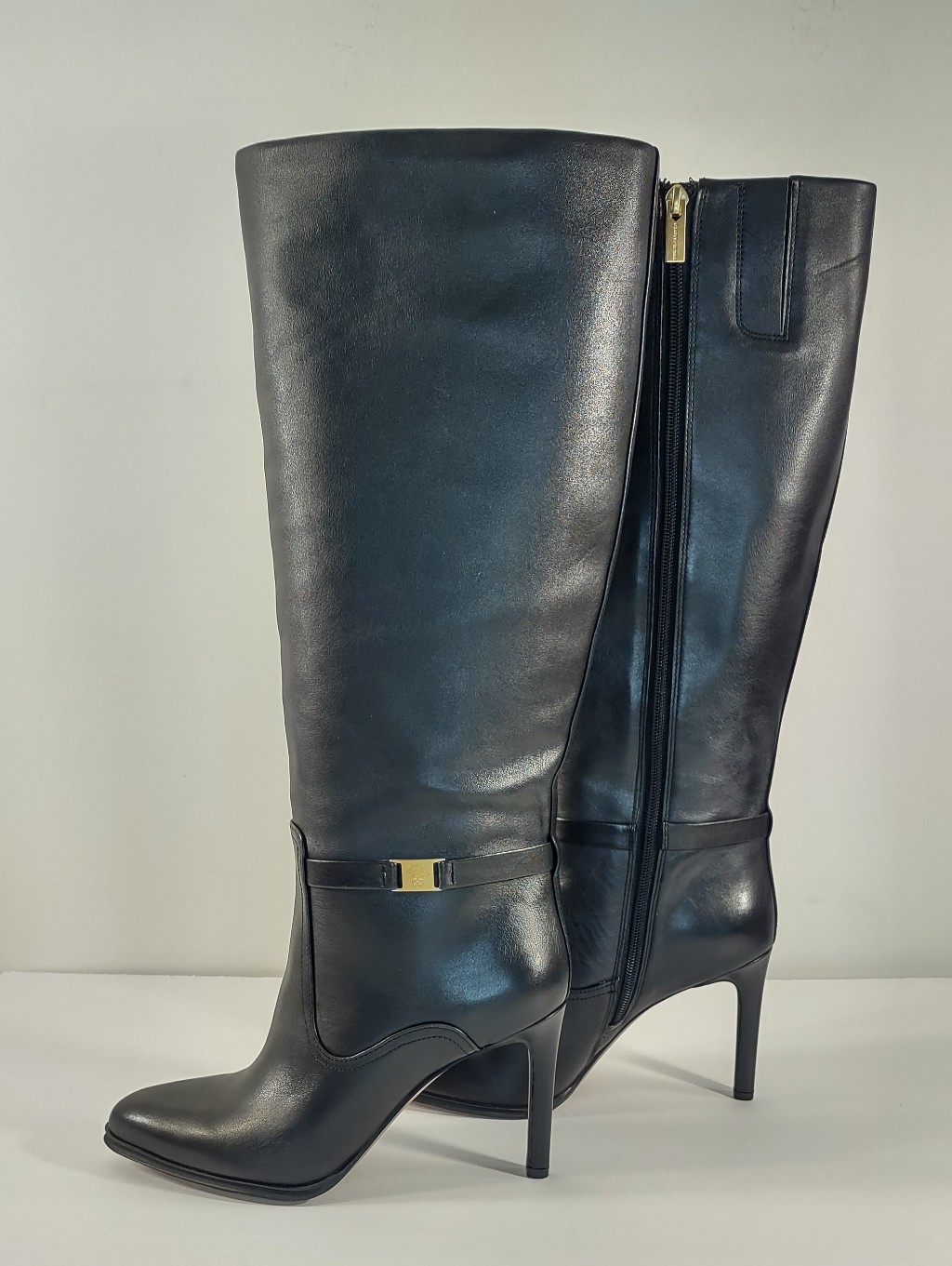 Vince Camuto Black Leather Wide Calf Skylie Stiletto Heeled Boots 8m